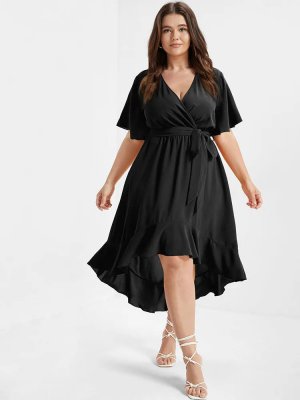 Bloom Dress - Solid Tie Surplice Ruffle High Low Dress