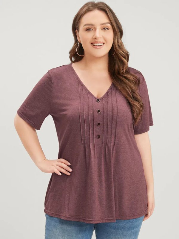 Solid Pleated Front Button Detail V Neck T-shirt