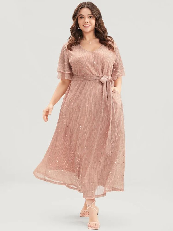 Plain V Neck Mesh Pocket Ruffle Tiered Belted Midi Dress