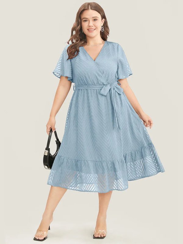 Plain Geometric Pocket Mesh Ruffle Sleeve Belted Wrap Dress