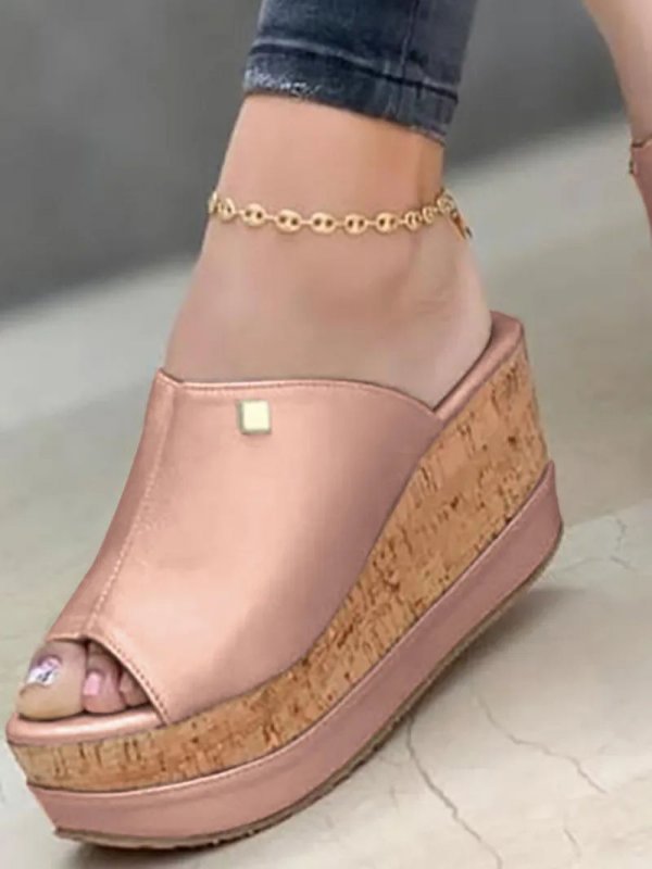 Contrast Paneled Peep Toe Wedge Shoes