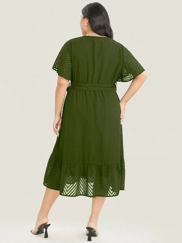 Plain Geometric Pocket Mesh Ruffle Sleeve Belted Wrap Dress