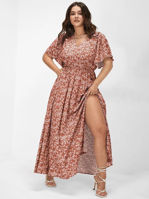 [Hot Sale] Flutter Sleeve Ditsy Floral Pocket Split Maxi Dress