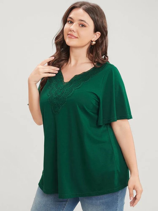 Solid Ruffle Sleeve Lace V Neck T-shirt