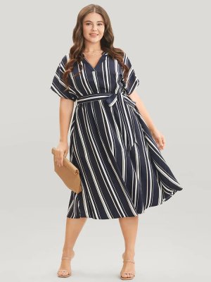 Striped Contrast V Neck Dolman Sleeve Pocket Belted Midi Dress