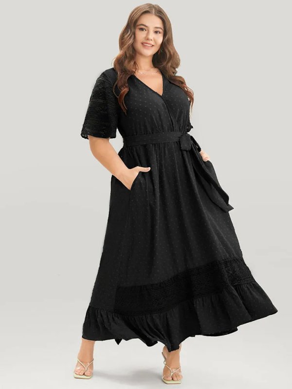 Solid Wrap Pocket Belted Contrast Lace Ruffle Trim Maxi Dress