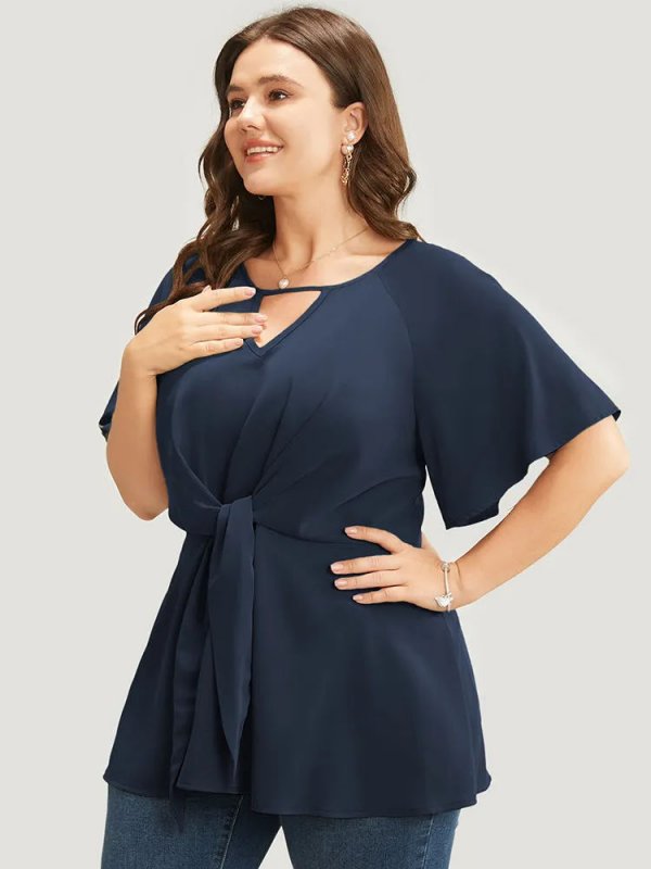 Plain Keyhole Knotted Front Ruffle Sleeve Blouse