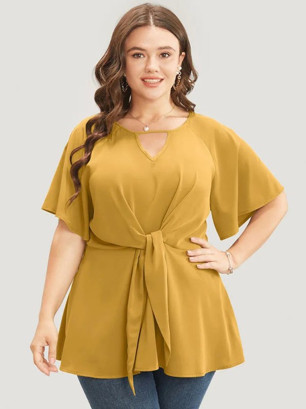 Plain Keyhole Knotted Front Ruffle Sleeve Blouse