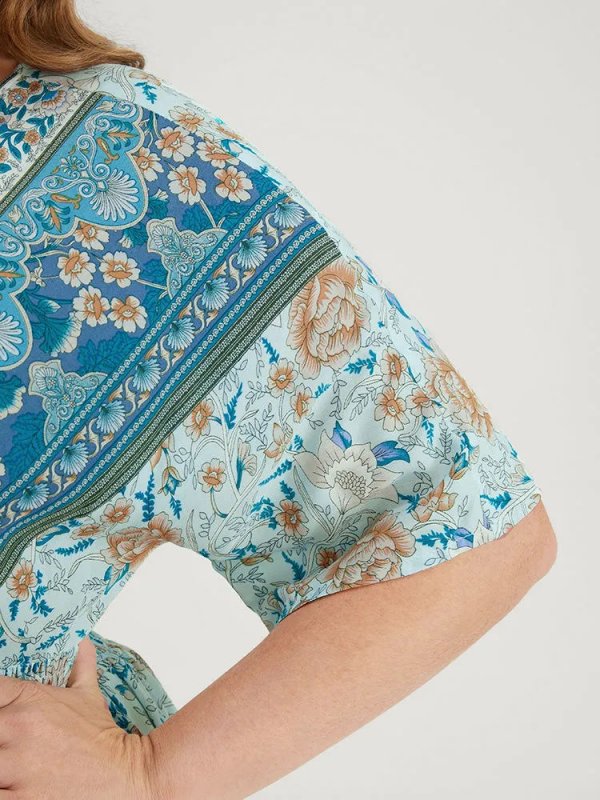 Floral Dolman Sleeve Ruffles Shirred Split Hem Dress