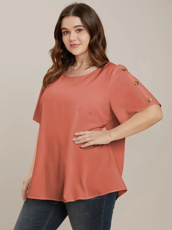 Plain Round Neck Button Detail Blouse