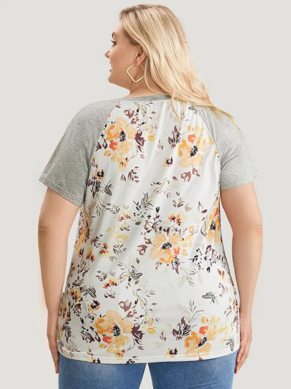 Floral & Butterfly Print Raglan Sleeve  T-shirt