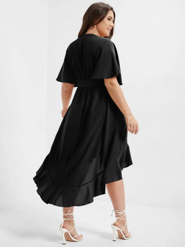 Bloom Dress - Solid Tie Surplice Ruffle High Low Dress