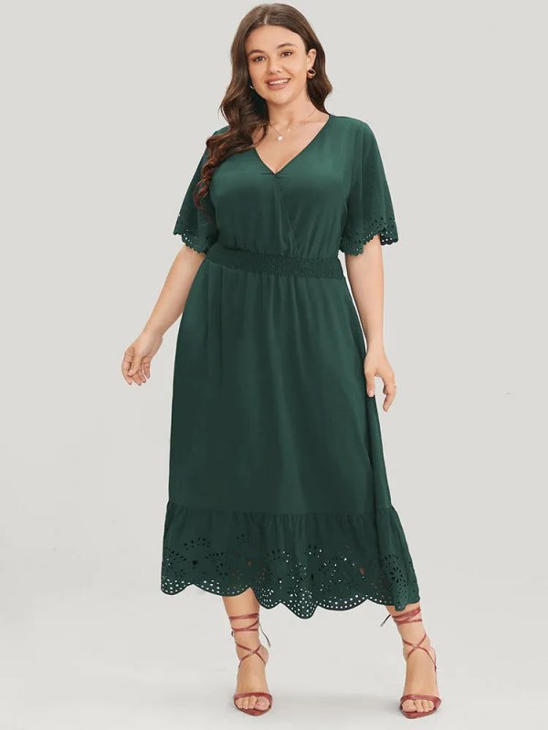 Solid Laser Cut Shirred Pocket Wrap Scalloped Trim Flutter Dress