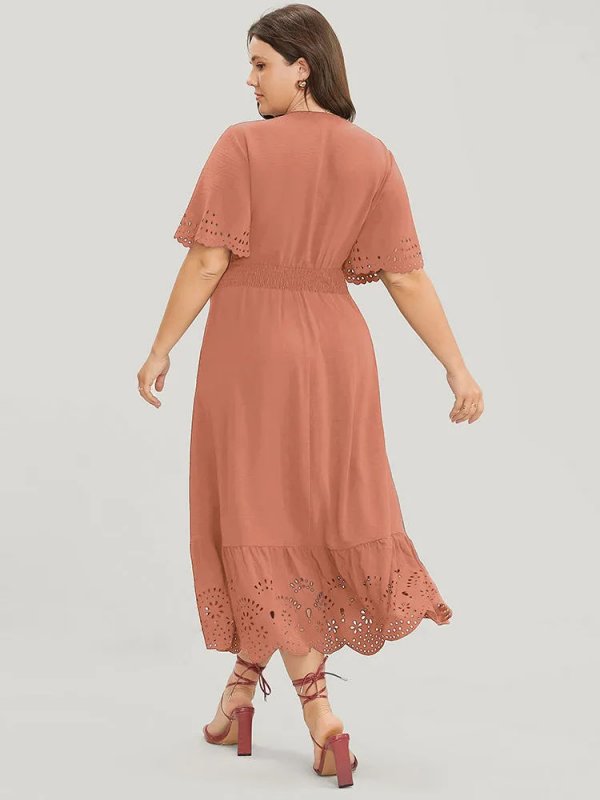 Solid Laser Cut Shirred Pocket Wrap Scalloped Trim Flutter Dress