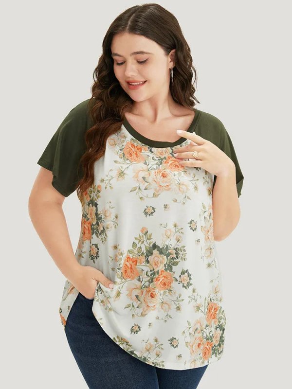 Floral & Butterfly Print Raglan Sleeve  T-shirt
