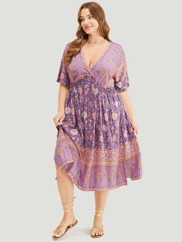 Floral Dolman Sleeve Ruffles Shirred Split Hem Dress