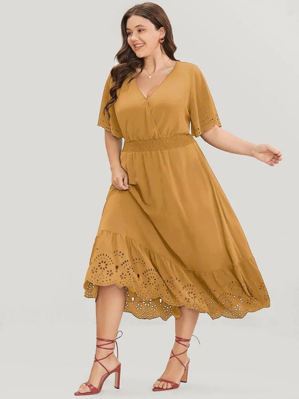 Solid Laser Cut Shirred Pocket Wrap Scalloped Trim Flutter Dress