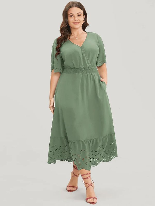 Solid Laser Cut Shirred Pocket Wrap Scalloped Trim Flutter Dress