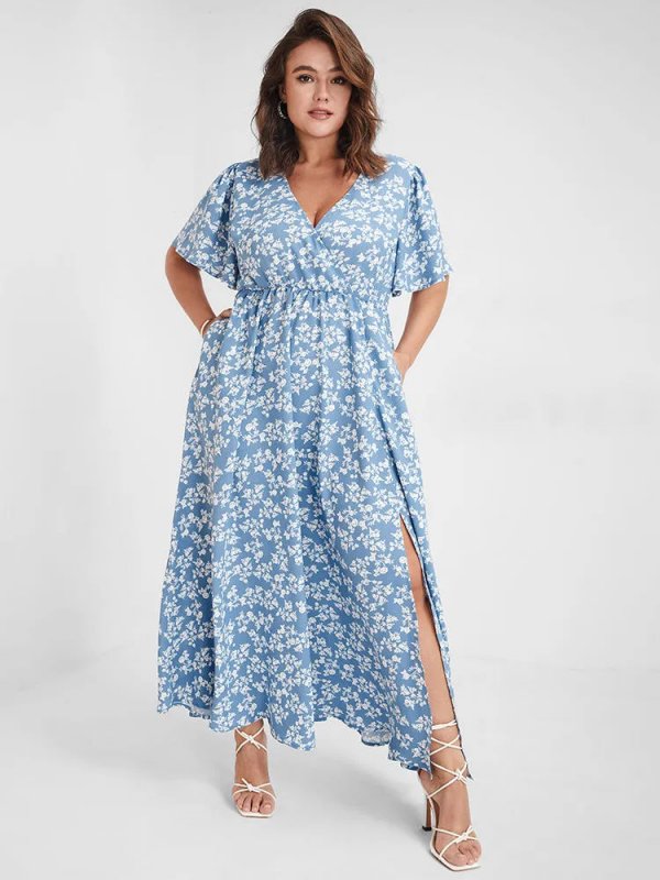 [Hot Sale] Flutter Sleeve Ditsy Floral Pocket Split Maxi Dress