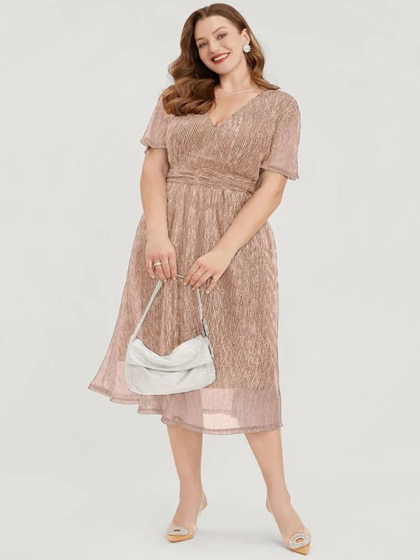 Glitter Mesh Surplice Neck Ruffle Sleeve Pocket Midi Dress