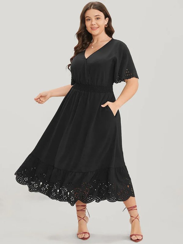 Solid Laser Cut Shirred Pocket Wrap Scalloped Trim Flutter Dress