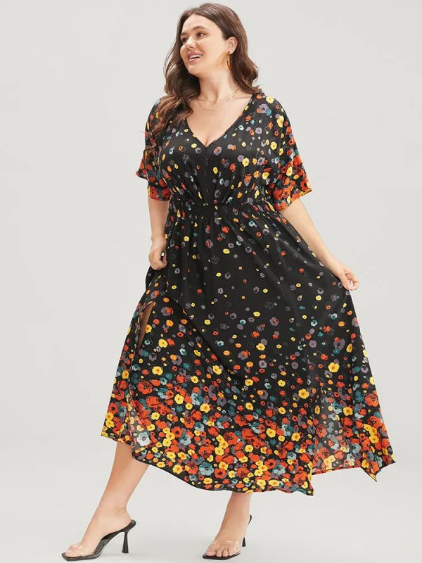 Floral Printed Pocket V Neck Shirred Split Hem Dress
