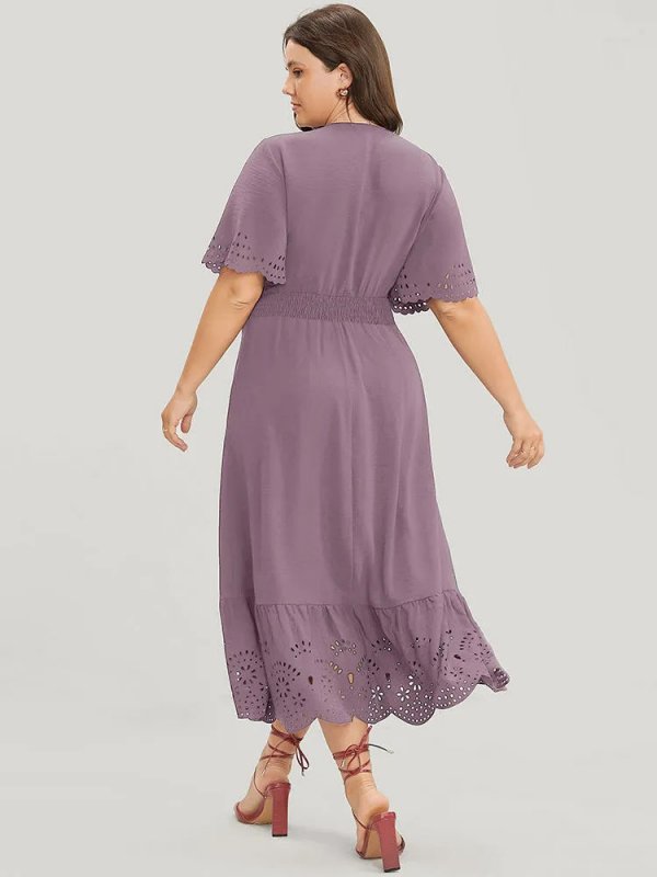 Solid Laser Cut Shirred Pocket Wrap Scalloped Trim Flutter Dress