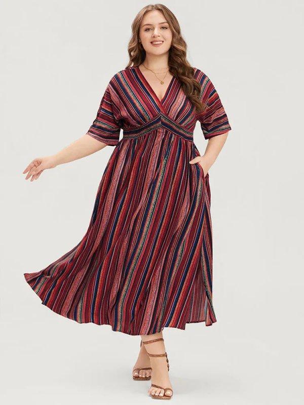Striped Contrast Dolman Sleeve Shirred Pocket Split Flutter Dress