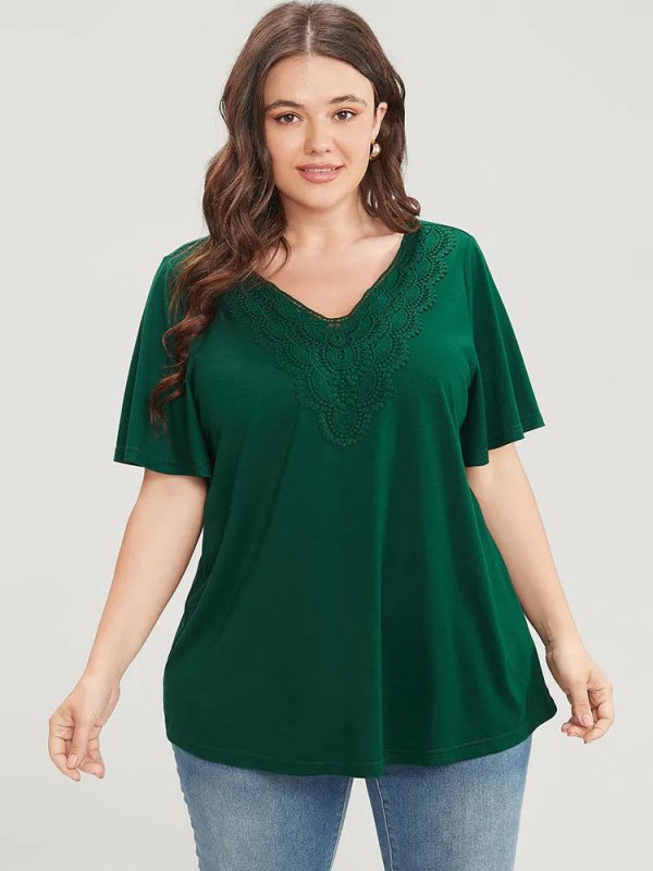 Solid Ruffle Sleeve Lace V Neck T-shirt