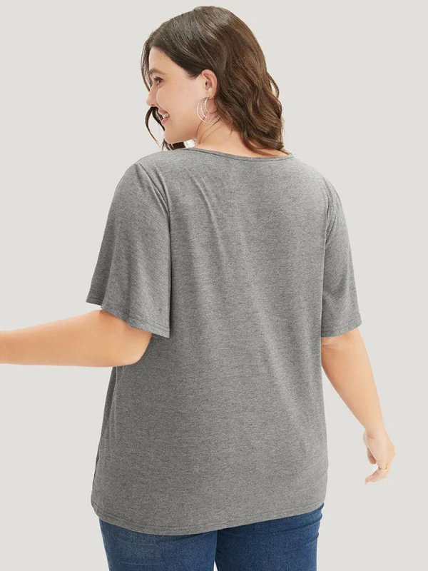 Solid Ruffle Sleeve Lace V Neck T-shirt