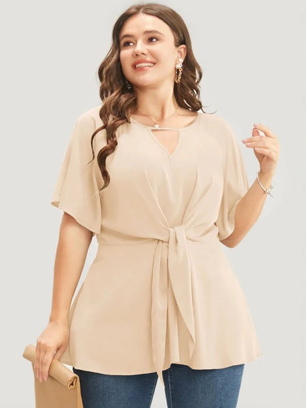 Plain Keyhole Knotted Front Ruffle Sleeve Blouse