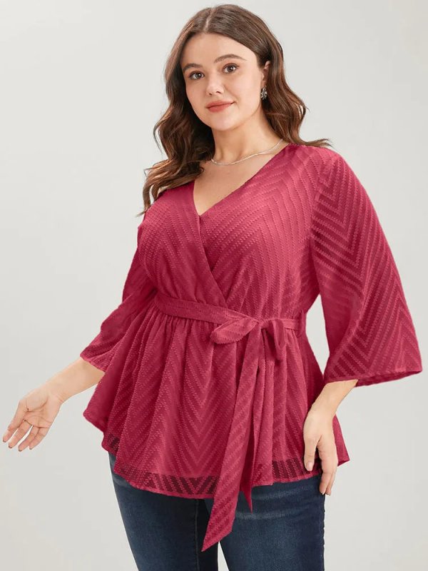 Plain Geometric Mesh Surplice Neck Belted Ruffles Blouse