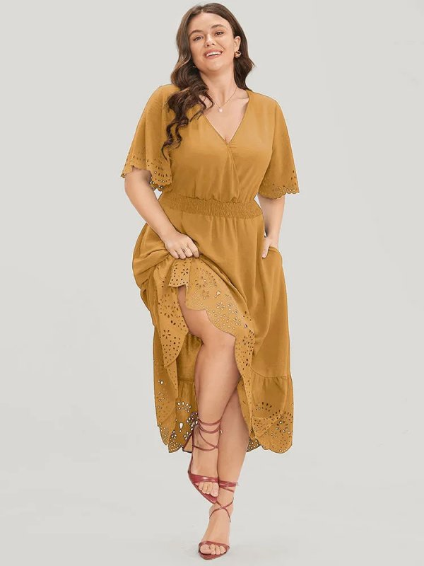 Solid Laser Cut Shirred Pocket Wrap Scalloped Trim Flutter Dress
