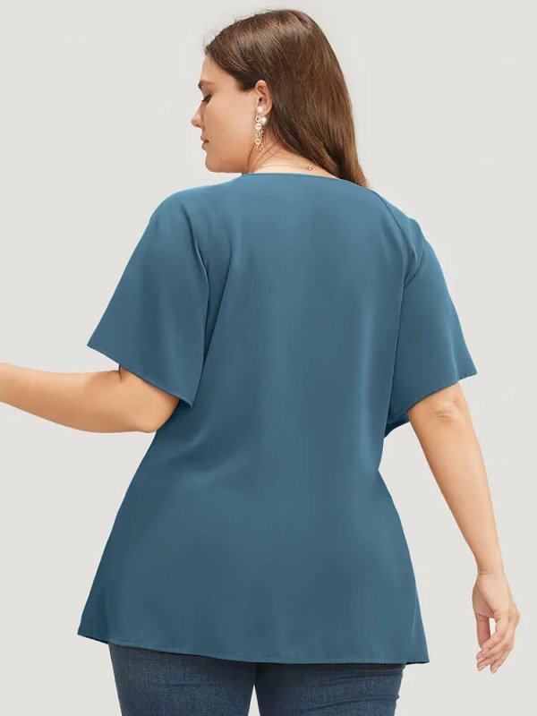 Plain Keyhole Knotted Front Ruffle Sleeve Blouse