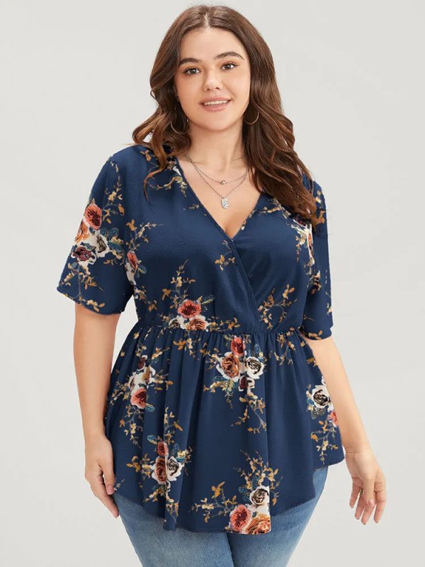 Floral Print Wrap Ruffles Asymmetrical Hem Blouse