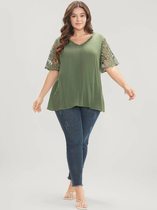 Plain V Neck Floral Patchwork Blouse