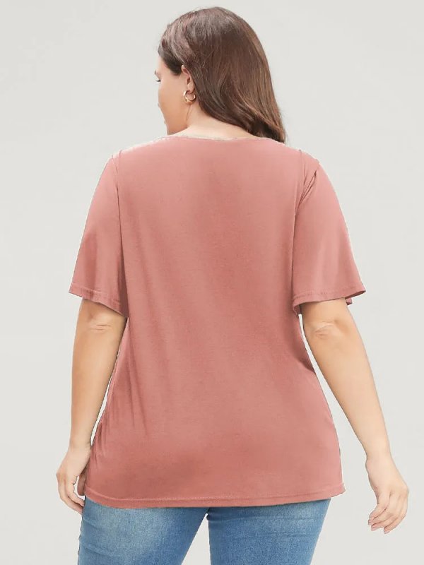 Solid Ruffle Sleeve Lace V Neck T-shirt
