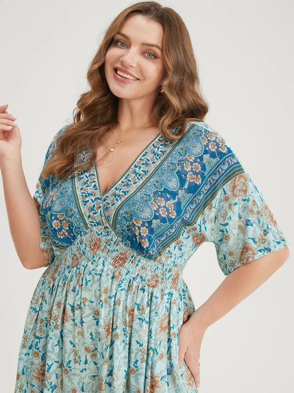 Floral Dolman Sleeve Ruffles Shirred Split Hem Dress