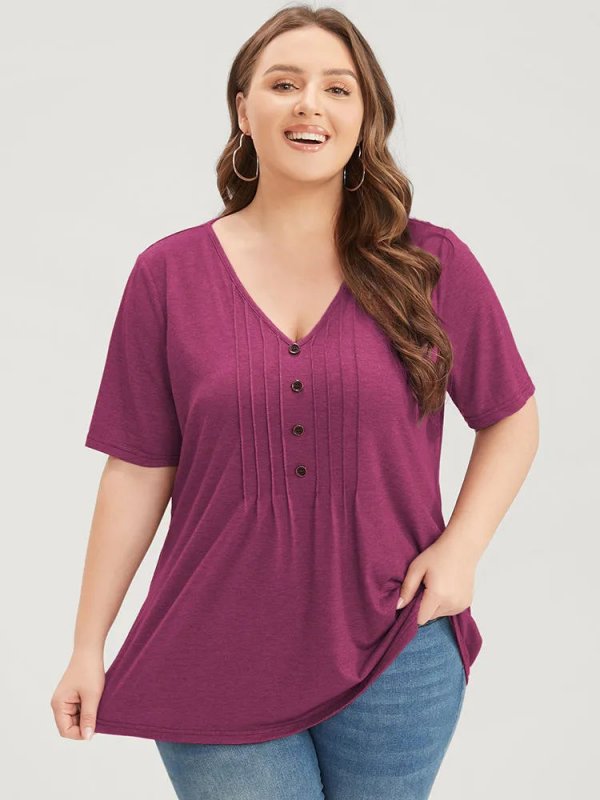 Solid Pleated Front Button Detail V Neck T-shirt