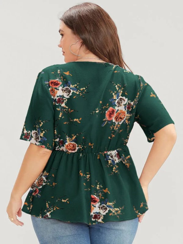 Floral Print Wrap Ruffles Asymmetrical Hem Blouse