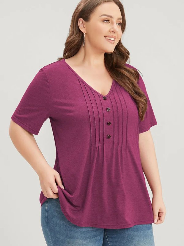 Solid Pleated Front Button Detail V Neck T-shirt