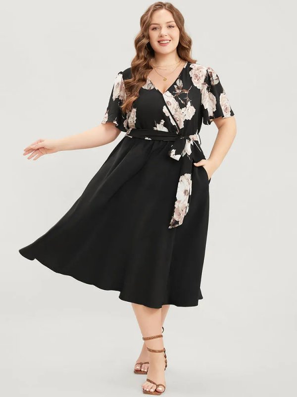Floral Printed Pocket Ruffles Surplice Neck Belted Midi Dress