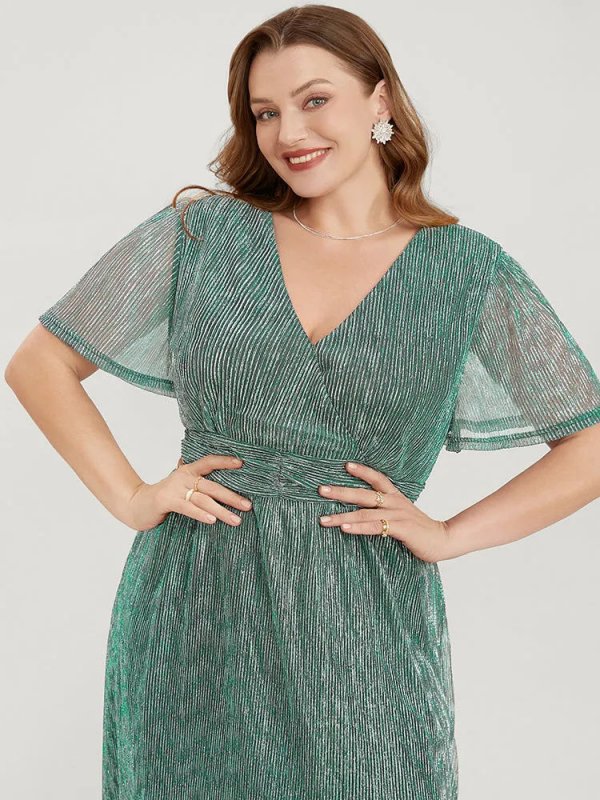 Glitter Mesh Surplice Neck Ruffle Sleeve Pocket Midi Dress