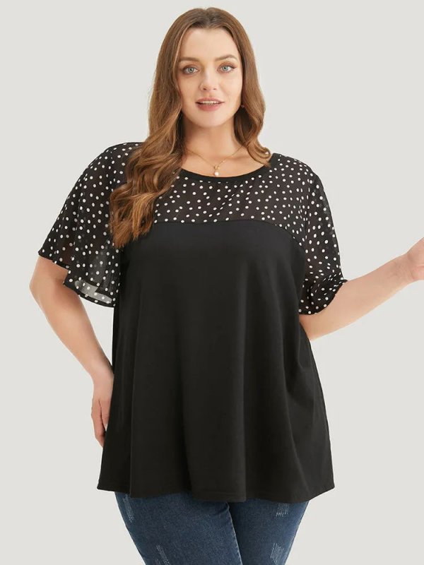 Floral Mesh Patchwork Ruffle Sleeve T-shirt