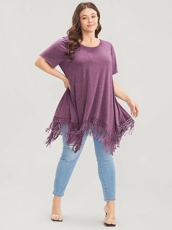 Solid Round Neck Lace Fringe Hem T-shirt