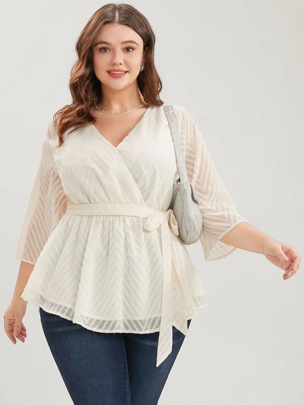 Plain Geometric Mesh Surplice Neck Belted Ruffles Blouse