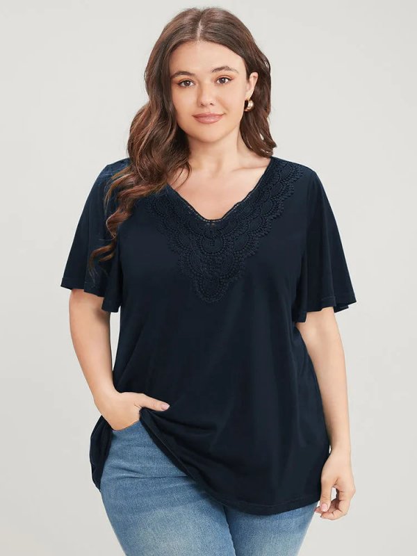 Solid Ruffle Sleeve Lace V Neck T-shirt