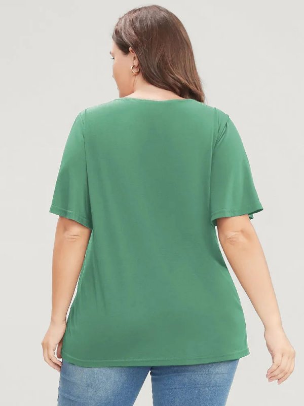 Solid Ruffle Sleeve Lace V Neck T-shirt