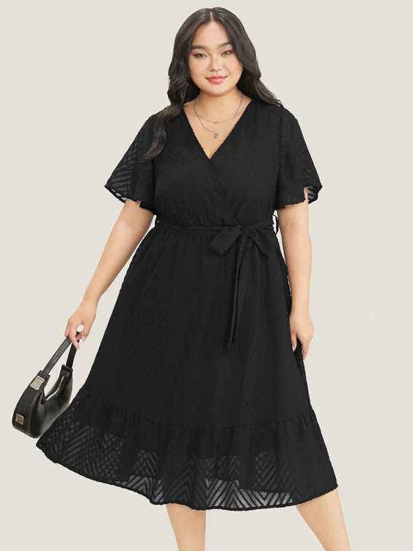 Plain Geometric Pocket Mesh Ruffle Sleeve Belted Wrap Dress