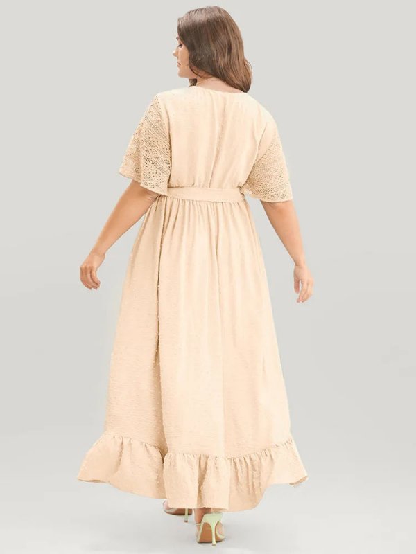 Solid Wrap Pocket Belted Contrast Lace Ruffle Trim Maxi Dress